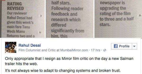 Mumbai Mirror Critic Quits Over Tanu Weds Manu Returns Rating Change, Writes Tongue-In-Cheek Note