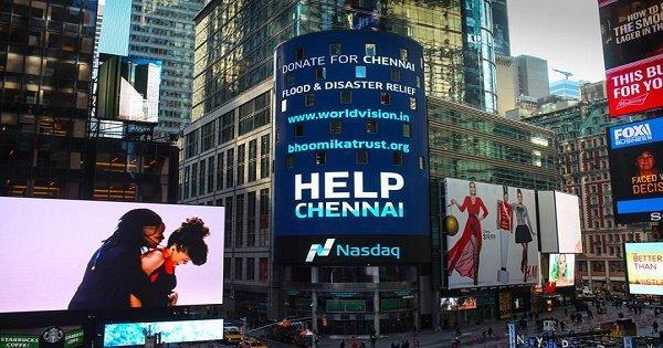 In New York’s Times Square, NASDAQ Joins The Campaign To Help Chennai
