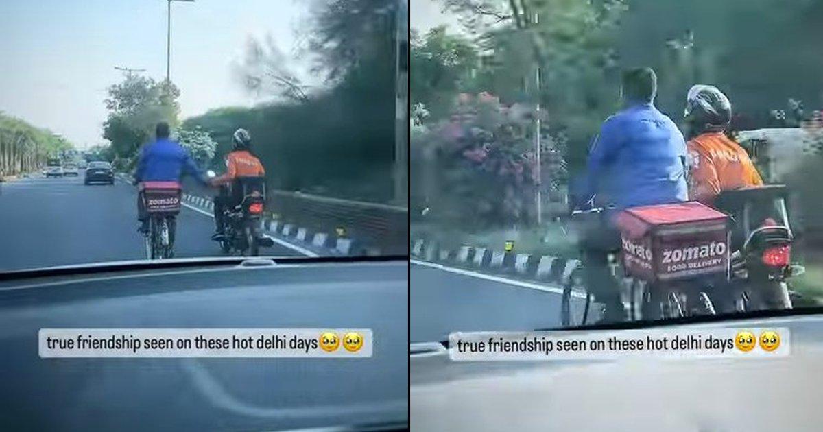 Wholesome Video Alert: Swiggy Agent On Bike Helps Push Zomato Executive On Cycle In Scorching Heat