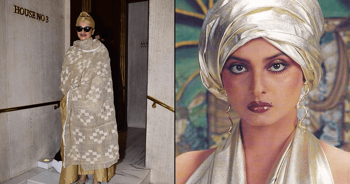 Rekha Was Seen Dressed In Gold With A Gypsy Head Wrap & It’s Like We’re Back In The 80s