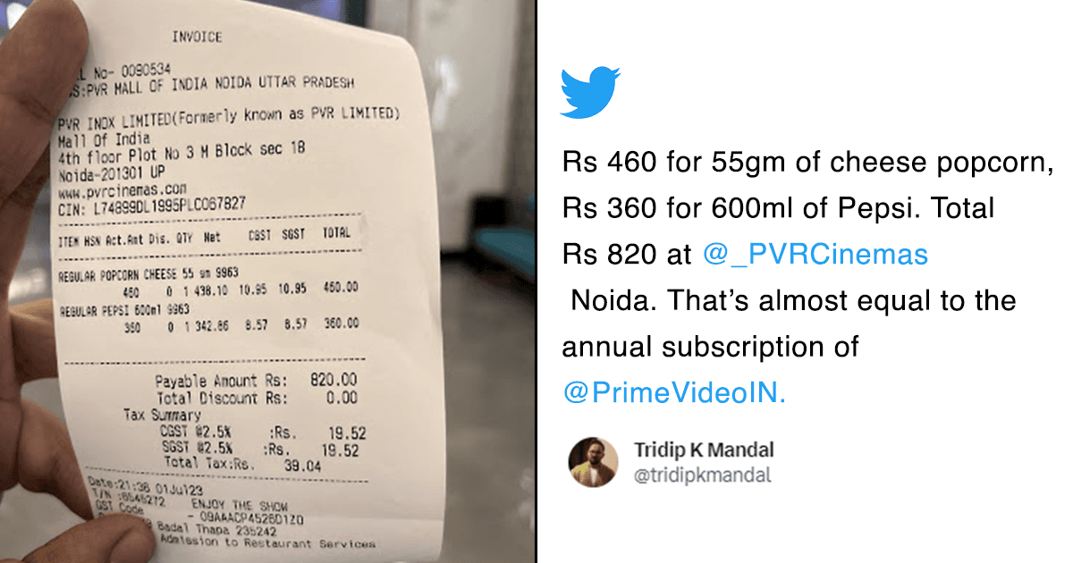 PVR Lowers Food Prices After A Customer Tweets Photo Of Bill, Says Its More Than Prime Subscription